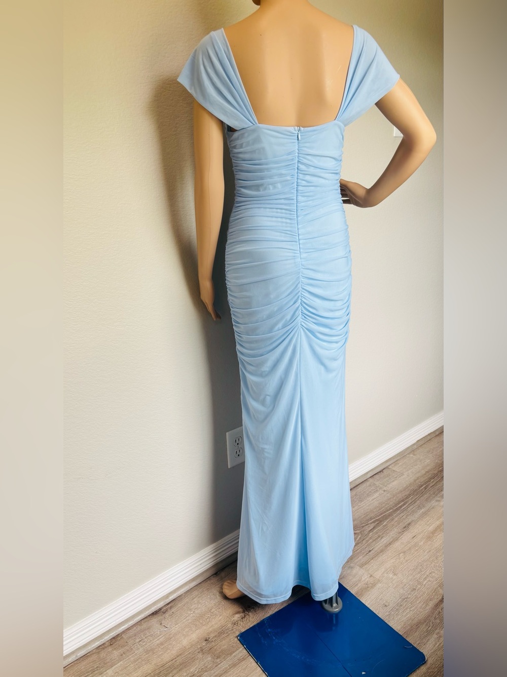 Elegant Off-Shoulder Baby Blue Ruched Evening Dress - Picture 7 of 14